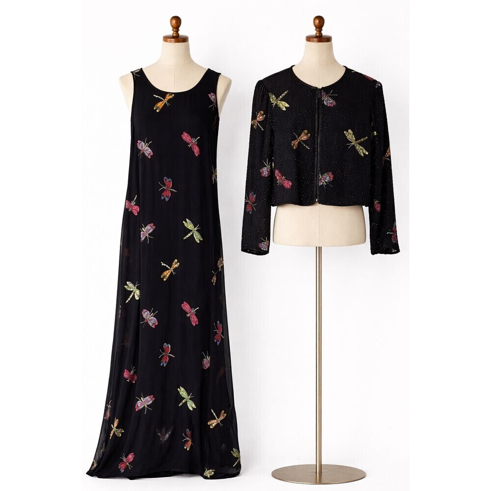 Vintage New Options Butterfly Dragonfly Maxi Dress Jacket Beaded Sequin Medium